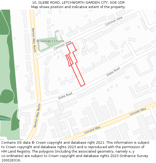 10, GLEBE ROAD, LETCHWORTH GARDEN CITY, SG6 1DR: Location map and indicative extent of plot