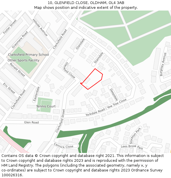 10, GLENFIELD CLOSE, OLDHAM, OL4 3AB: Location map and indicative extent of plot