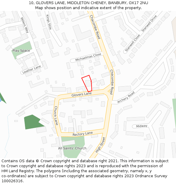 10, GLOVERS LANE, MIDDLETON CHENEY, BANBURY, OX17 2NU: Location map and indicative extent of plot