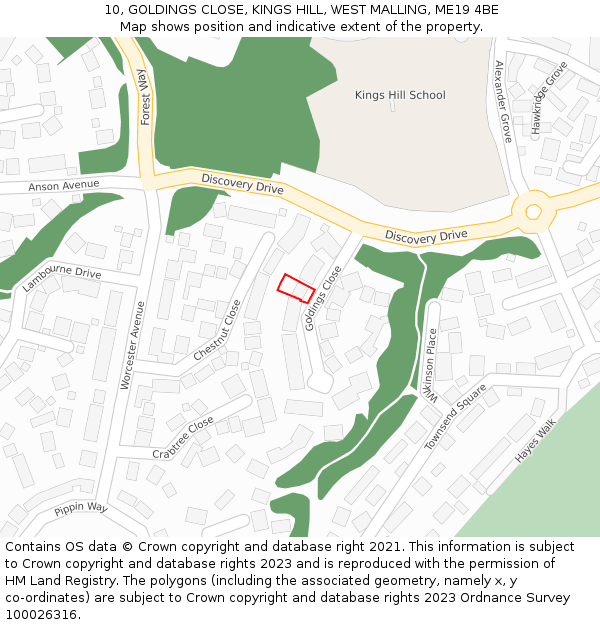 10, GOLDINGS CLOSE, KINGS HILL, WEST MALLING, ME19 4BE: Location map and indicative extent of plot