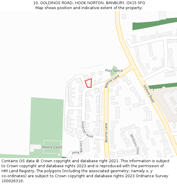 10, GOLDINGS ROAD, HOOK NORTON, BANBURY, OX15 5FG: Location map and indicative extent of plot