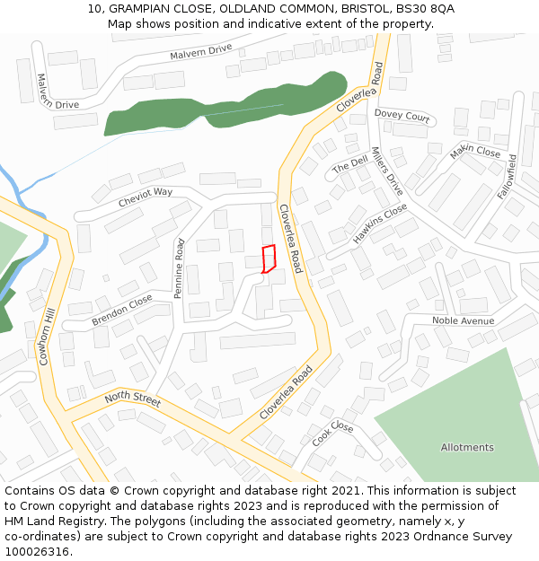 10, GRAMPIAN CLOSE, OLDLAND COMMON, BRISTOL, BS30 8QA: Location map and indicative extent of plot