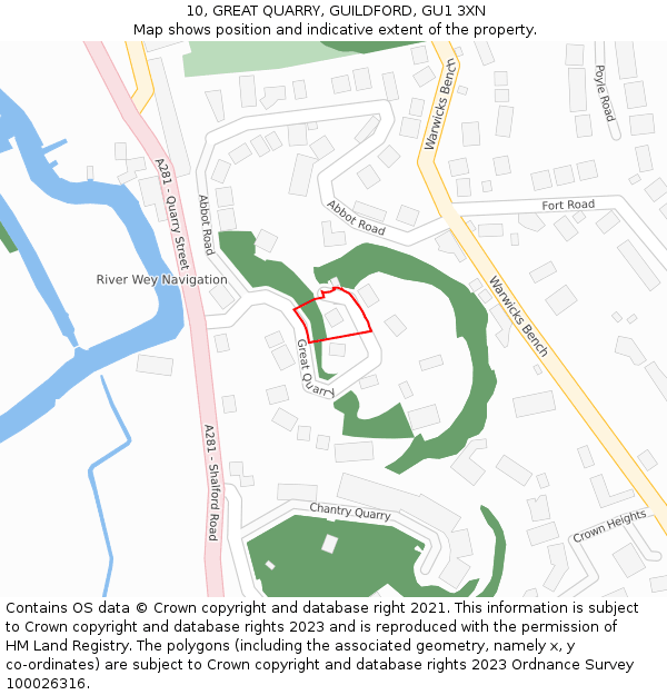 10, GREAT QUARRY, GUILDFORD, GU1 3XN: Location map and indicative extent of plot