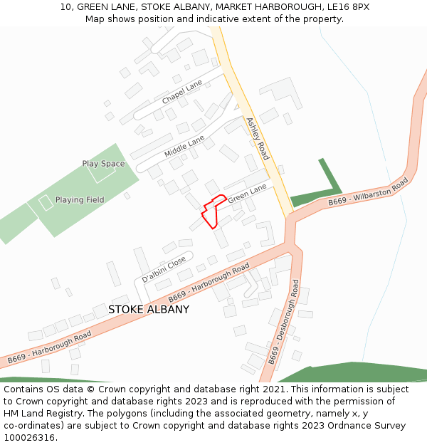 10, GREEN LANE, STOKE ALBANY, MARKET HARBOROUGH, LE16 8PX: Location map and indicative extent of plot