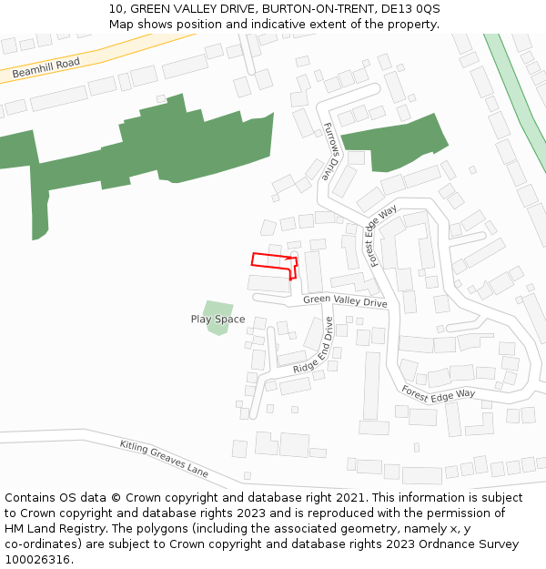 10, GREEN VALLEY DRIVE, BURTON-ON-TRENT, DE13 0QS: Location map and indicative extent of plot