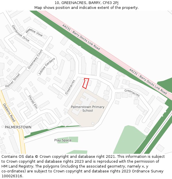 10, GREENACRES, BARRY, CF63 2PJ: Location map and indicative extent of plot