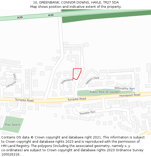 10, GREENBANK, CONNOR DOWNS, HAYLE, TR27 5DA: Location map and indicative extent of plot