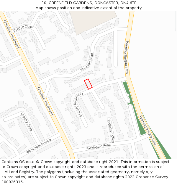 10, GREENFIELD GARDENS, DONCASTER, DN4 6TF: Location map and indicative extent of plot