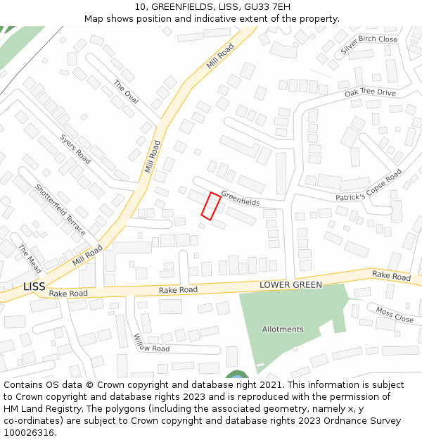 10, GREENFIELDS, LISS, GU33 7EH: Location map and indicative extent of plot