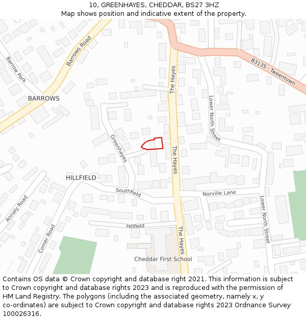 10, GREENHAYES, CHEDDAR, BS27 3HZ: Location map and indicative extent of plot