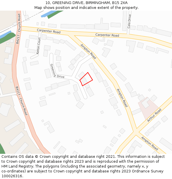 10, GREENING DRIVE, BIRMINGHAM, B15 2XA: Location map and indicative extent of plot