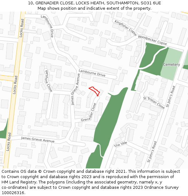 10, GRENADIER CLOSE, LOCKS HEATH, SOUTHAMPTON, SO31 6UE: Location map and indicative extent of plot