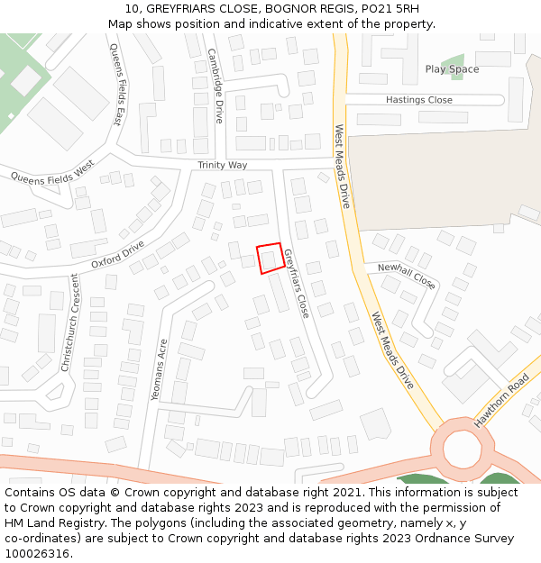 10, GREYFRIARS CLOSE, BOGNOR REGIS, PO21 5RH: Location map and indicative extent of plot