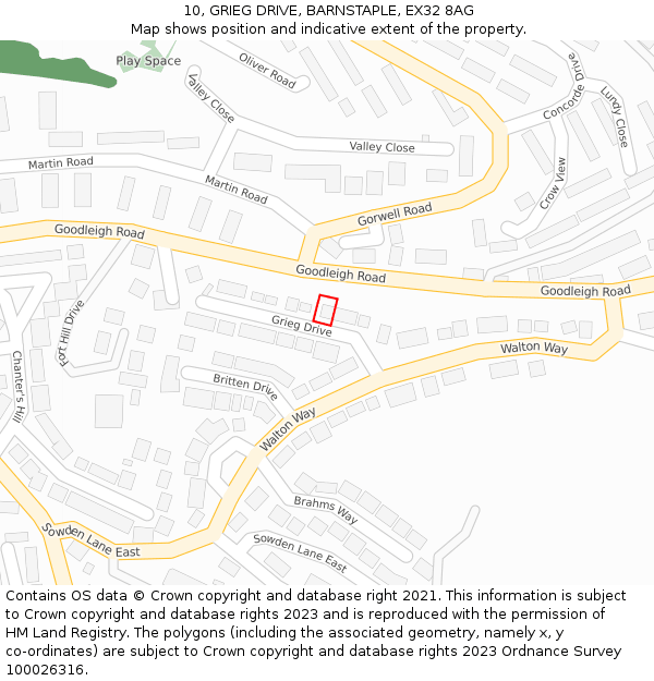 10, GRIEG DRIVE, BARNSTAPLE, EX32 8AG: Location map and indicative extent of plot