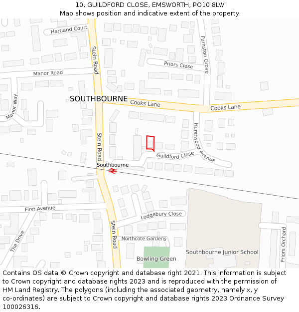 10, GUILDFORD CLOSE, EMSWORTH, PO10 8LW: Location map and indicative extent of plot