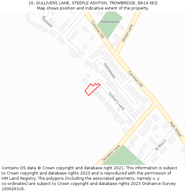 10, GULLIVERS LANE, STEEPLE ASHTON, TROWBRIDGE, BA14 6EQ: Location map and indicative extent of plot