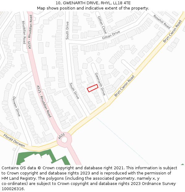 10, GWENARTH DRIVE, RHYL, LL18 4TE: Location map and indicative extent of plot