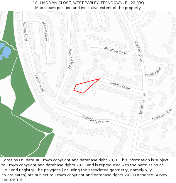 10, HADRIAN CLOSE, WEST PARLEY, FERNDOWN, BH22 8RQ: Location map and indicative extent of plot