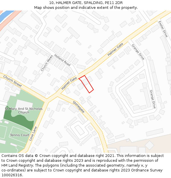 10, HALMER GATE, SPALDING, PE11 2DR: Location map and indicative extent of plot