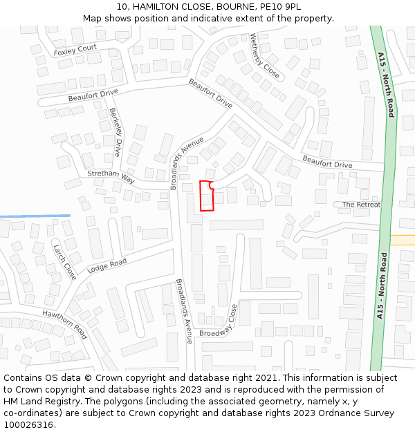 10, HAMILTON CLOSE, BOURNE, PE10 9PL: Location map and indicative extent of plot