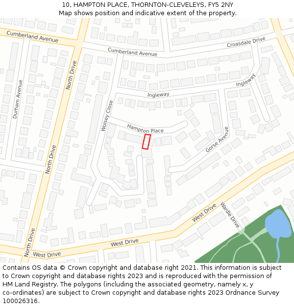 10, HAMPTON PLACE, THORNTON-CLEVELEYS, FY5 2NY: Location map and indicative extent of plot