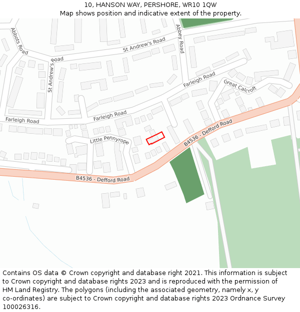 10, HANSON WAY, PERSHORE, WR10 1QW: Location map and indicative extent of plot