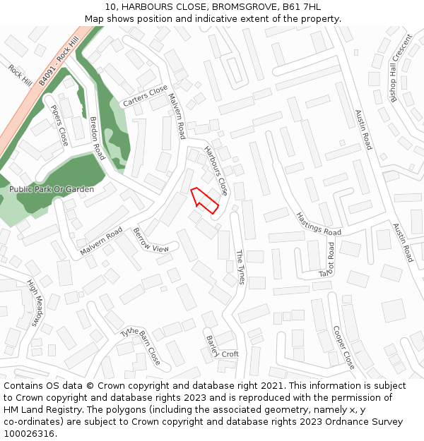 10, HARBOURS CLOSE, BROMSGROVE, B61 7HL: Location map and indicative extent of plot