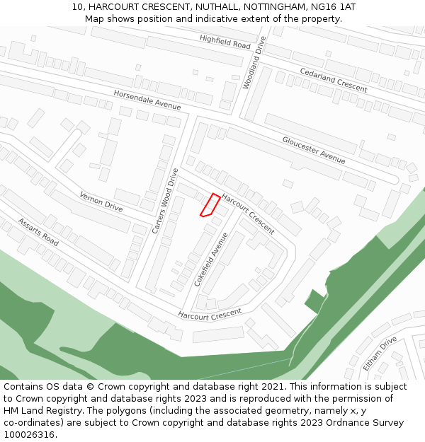 10, HARCOURT CRESCENT, NUTHALL, NOTTINGHAM, NG16 1AT: Location map and indicative extent of plot