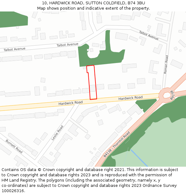 10, HARDWICK ROAD, SUTTON COLDFIELD, B74 3BU: Location map and indicative extent of plot