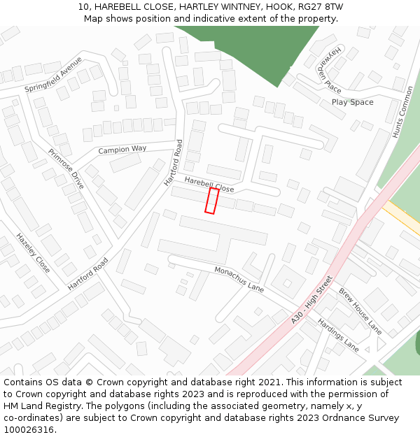 10, HAREBELL CLOSE, HARTLEY WINTNEY, HOOK, RG27 8TW: Location map and indicative extent of plot