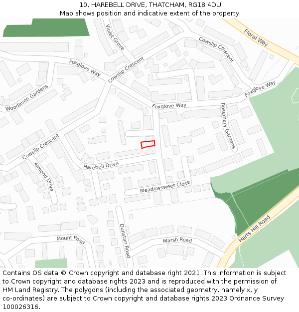 10, HAREBELL DRIVE, THATCHAM, RG18 4DU: Location map and indicative extent of plot