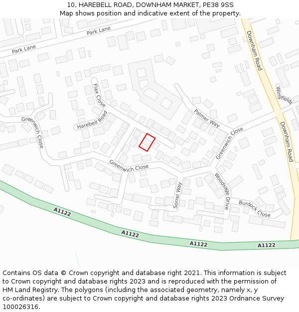 10, HAREBELL ROAD, DOWNHAM MARKET, PE38 9SS: Location map and indicative extent of plot