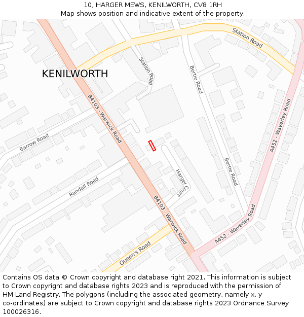 10, HARGER MEWS, KENILWORTH, CV8 1RH: Location map and indicative extent of plot