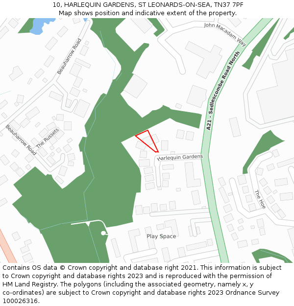 10, HARLEQUIN GARDENS, ST LEONARDS-ON-SEA, TN37 7PF: Location map and indicative extent of plot