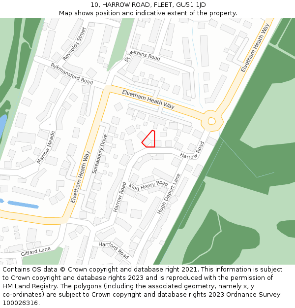 10, HARROW ROAD, FLEET, GU51 1JD: Location map and indicative extent of plot