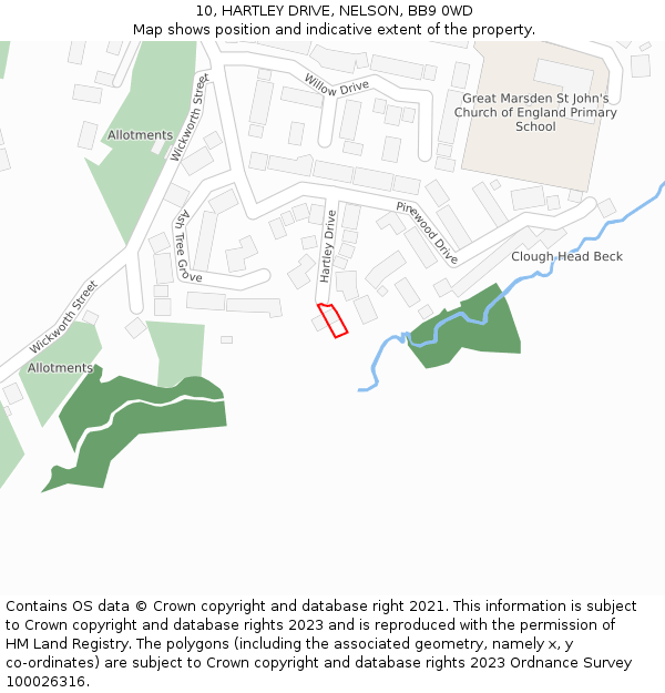 10, HARTLEY DRIVE, NELSON, BB9 0WD: Location map and indicative extent of plot