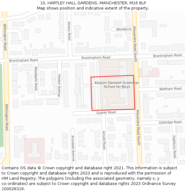 10, HARTLEY HALL GARDENS, MANCHESTER, M16 8LP: Location map and indicative extent of plot