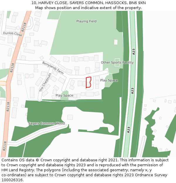 10, HARVEY CLOSE, SAYERS COMMON, HASSOCKS, BN6 9XN: Location map and indicative extent of plot