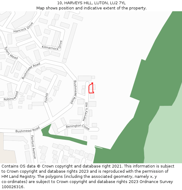 10, HARVEYS HILL, LUTON, LU2 7YL: Location map and indicative extent of plot