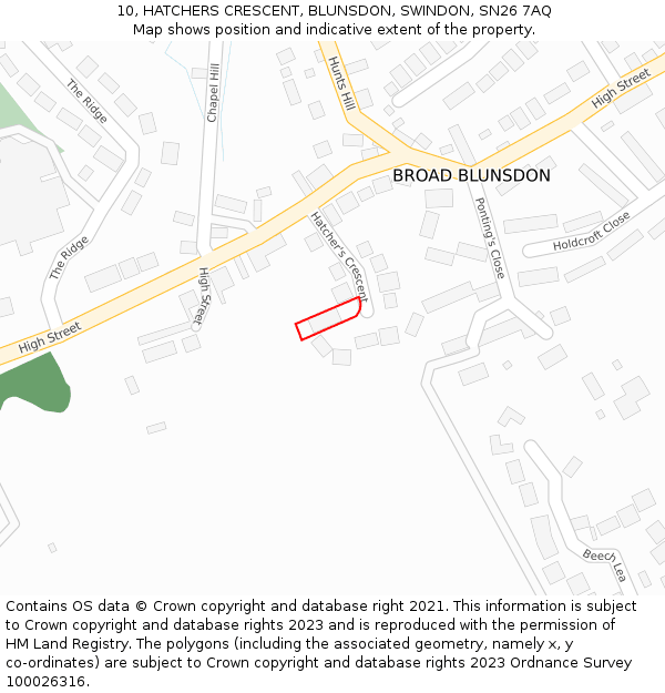 10, HATCHERS CRESCENT, BLUNSDON, SWINDON, SN26 7AQ: Location map and indicative extent of plot