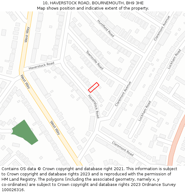 10, HAVERSTOCK ROAD, BOURNEMOUTH, BH9 3HE: Location map and indicative extent of plot