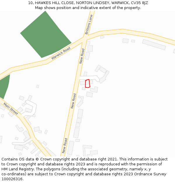 10, HAWKES HILL CLOSE, NORTON LINDSEY, WARWICK, CV35 8JZ: Location map and indicative extent of plot