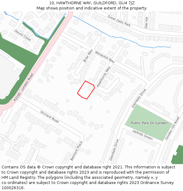 10, HAWTHORNE WAY, GUILDFORD, GU4 7JZ: Location map and indicative extent of plot