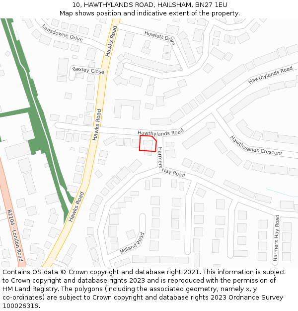 10, HAWTHYLANDS ROAD, HAILSHAM, BN27 1EU: Location map and indicative extent of plot