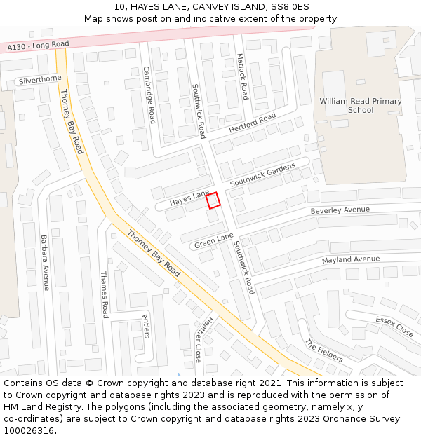 10, HAYES LANE, CANVEY ISLAND, SS8 0ES: Location map and indicative extent of plot