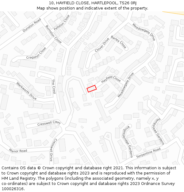 10, HAYFIELD CLOSE, HARTLEPOOL, TS26 0RJ: Location map and indicative extent of plot