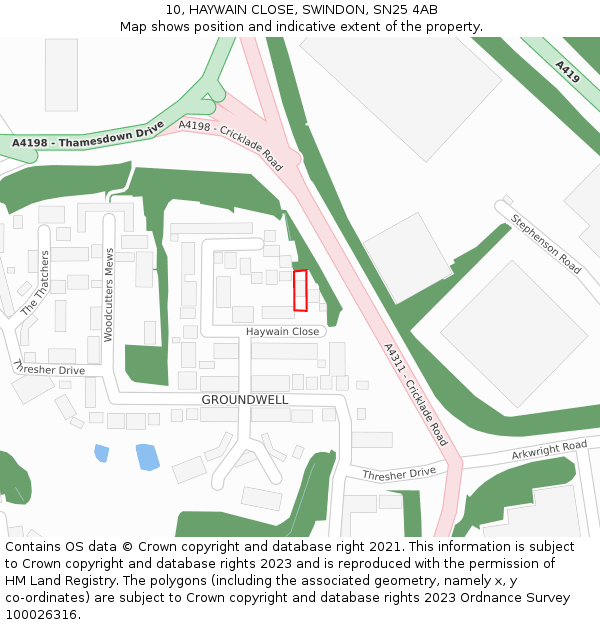 10, HAYWAIN CLOSE, SWINDON, SN25 4AB: Location map and indicative extent of plot