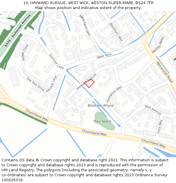 10, HAYWARD AVENUE, WEST WICK, WESTON-SUPER-MARE, BS24 7FR: Location map and indicative extent of plot