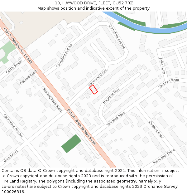 10, HAYWOOD DRIVE, FLEET, GU52 7RZ: Location map and indicative extent of plot