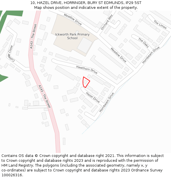 10, HAZEL DRIVE, HORRINGER, BURY ST EDMUNDS, IP29 5ST: Location map and indicative extent of plot